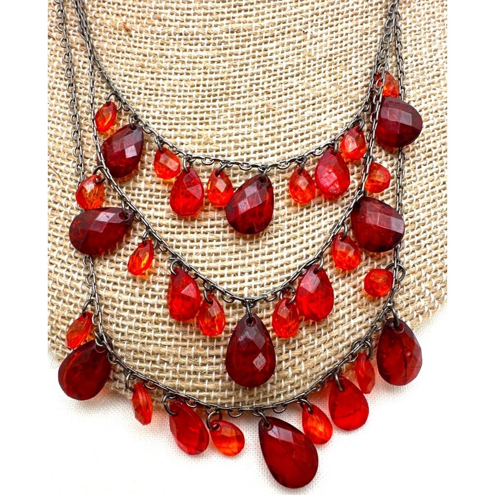 Boho Chic Red Orange Tiered Bead Necklace Multi Layers Timeless Retro